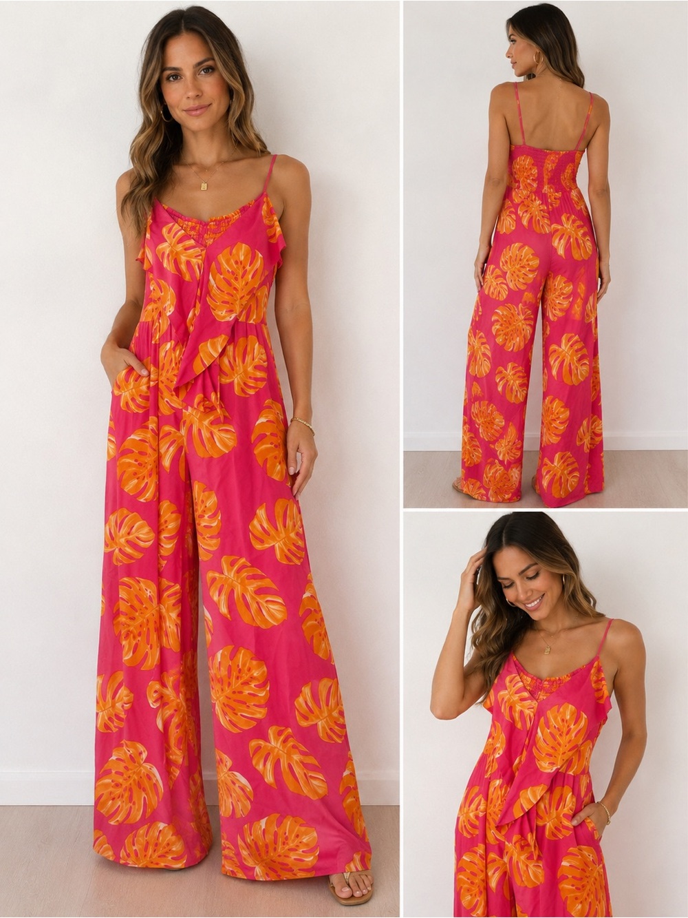 Women’s Pink & Orange Tropical Print Wide-Leg Jumpsuit